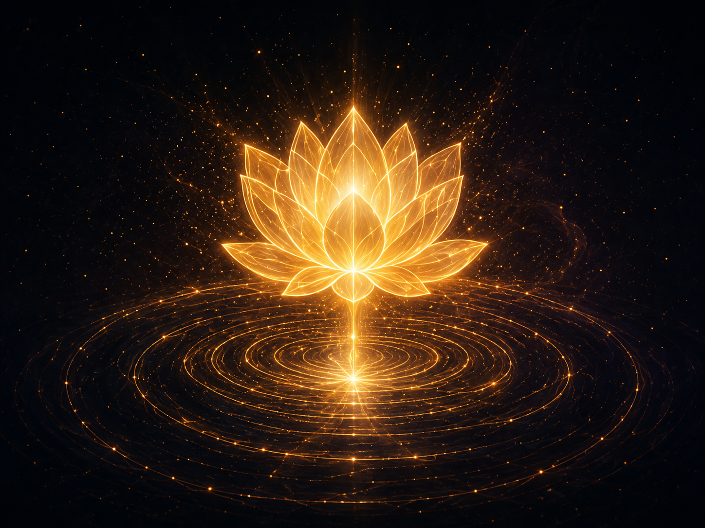 Flor de lótus dourada irradiando luz sobre círculos vibracionais